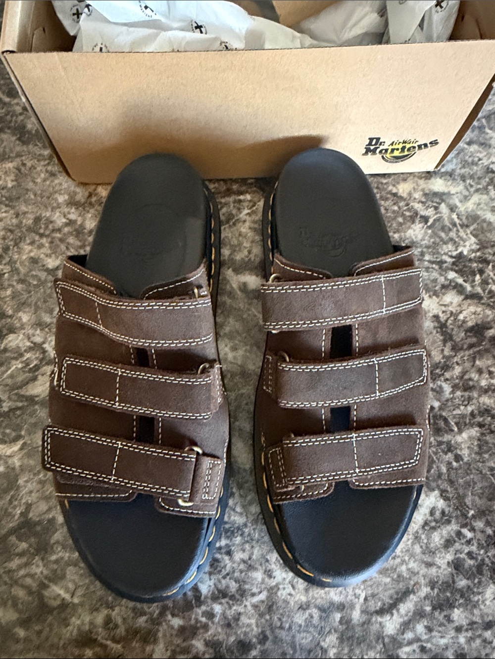 Dr. Martens Brown Triple-Strap Slide Sandals with Black Footbed